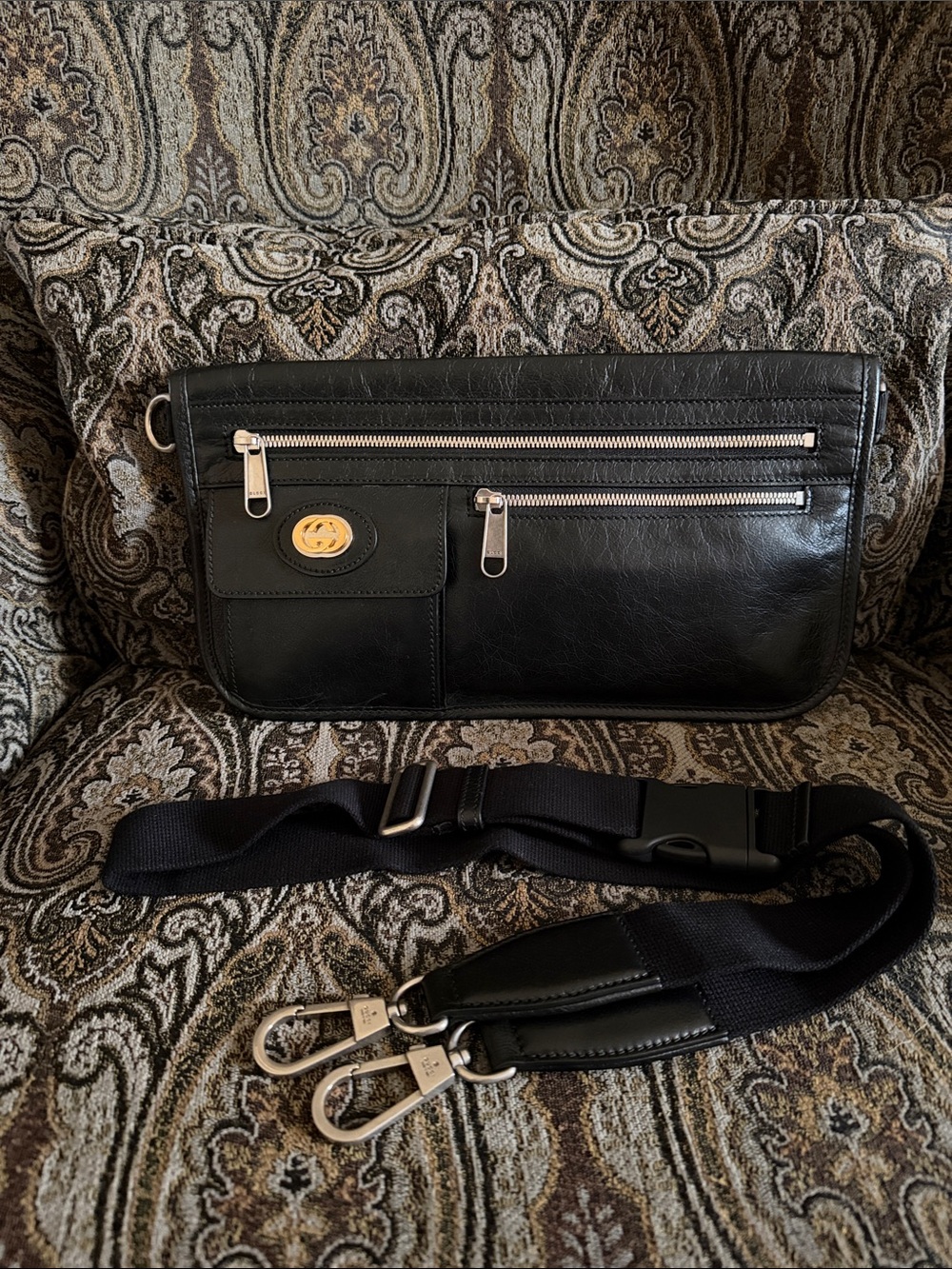 Gucci Black Leather Crossbody Bag with Gold Accent - Men Bags